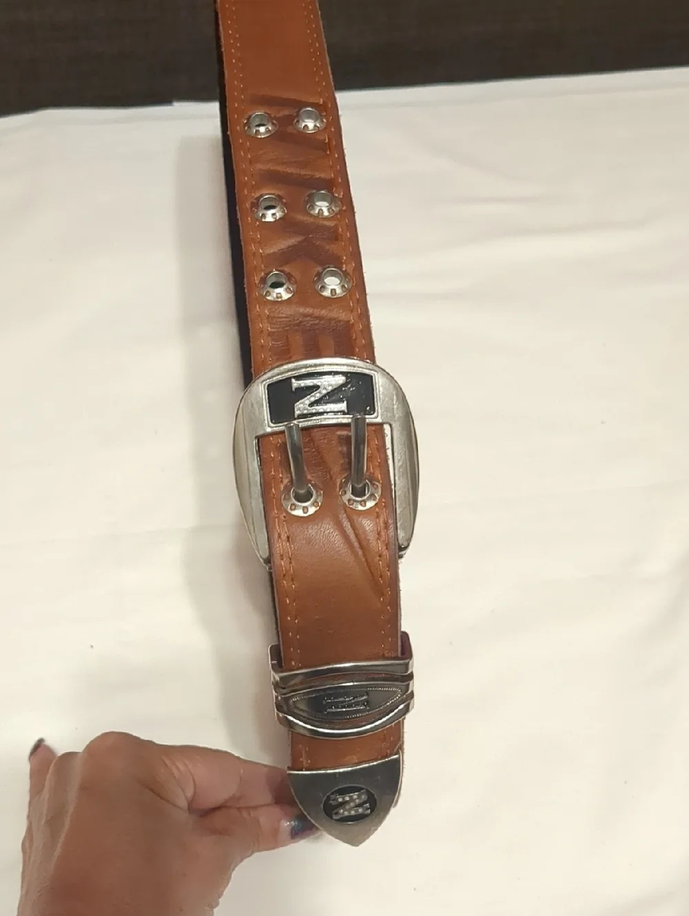 Vintage Mens Brown Leather- Metal Buckle Belt 36-42 Engraved 90s Country Western